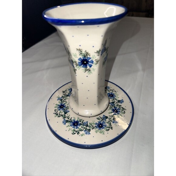 POLISH BLUE FLORAL POTTERY VASE & BASE - Picture 2 of 9
